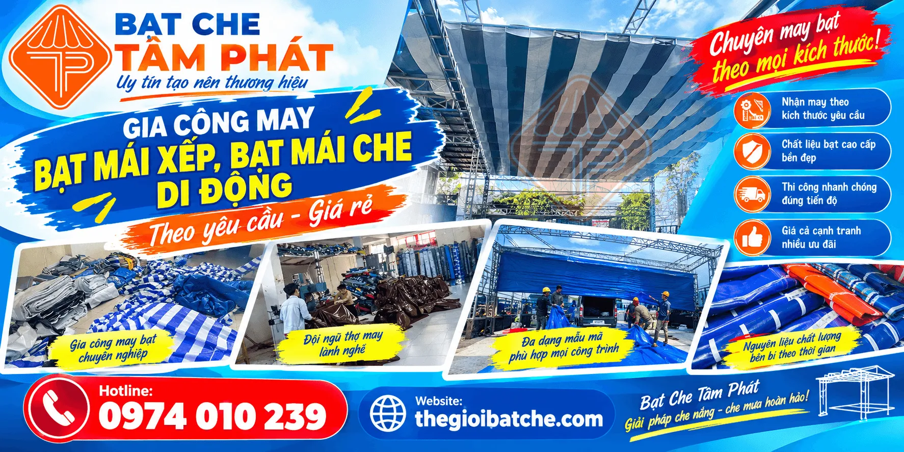Xưởng bạt che Tâm Phát chuyên gia công may bạt xếp, bạt che theo yêu cầu giá rẻ tại Hà Tĩnh
