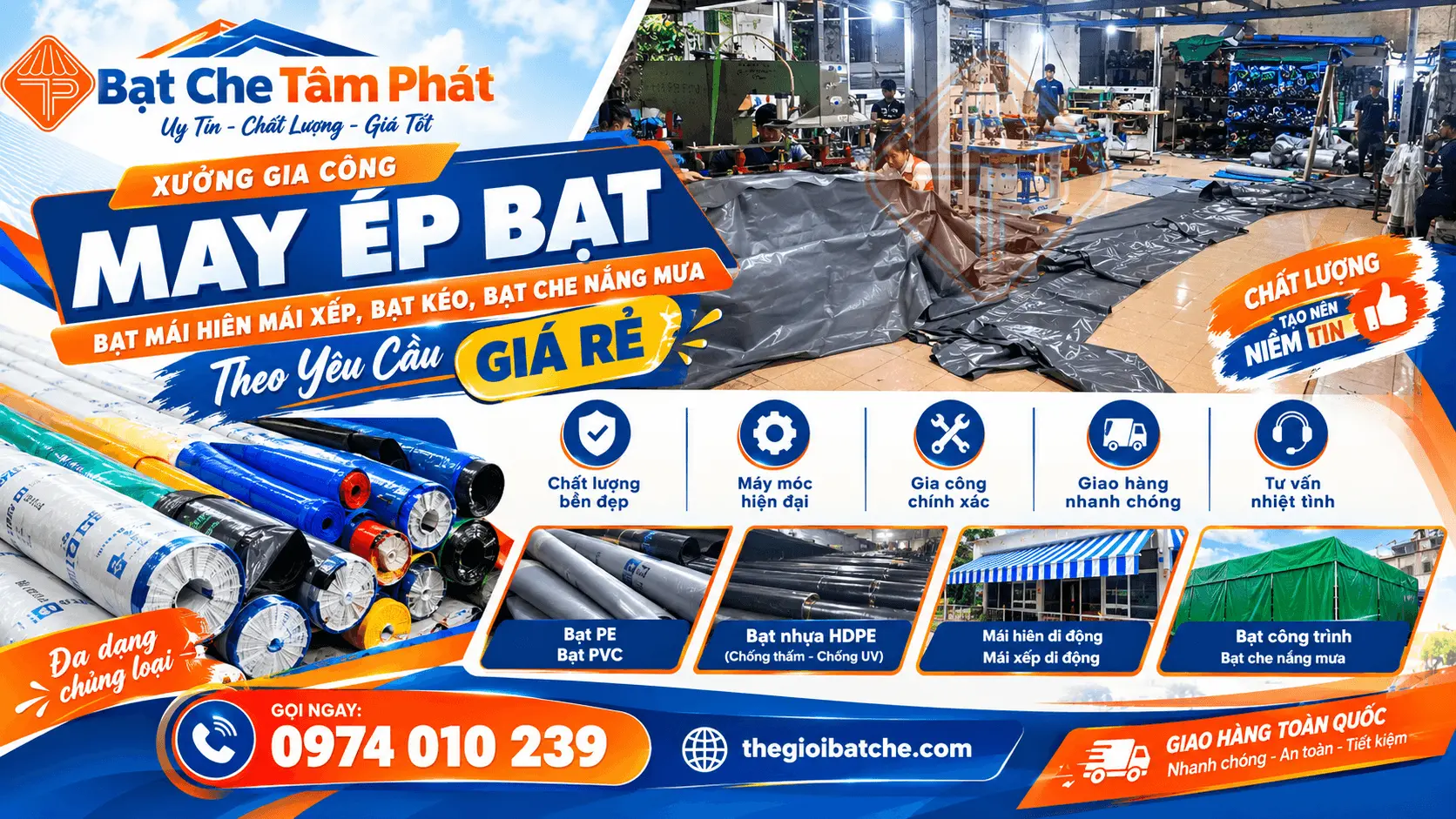 Xưởng May Ép Bạt Che, Bạt Mái Hiên Mái Xếp, Gia Công Ép Nhiệt Siêu Bền Tại Quảng Bình - [Bạt Che Tâm Phát]