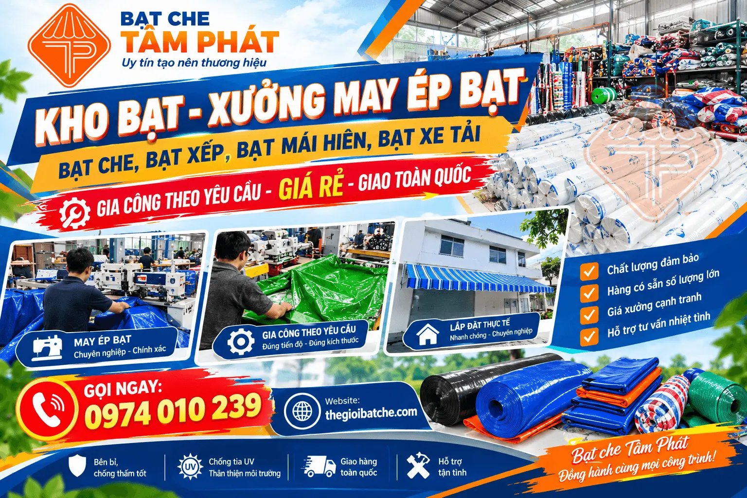 Kho Bạt Che Bình Định Uy Tín – Tổng Kho Phân Phối & May Ép Bạt Mái Hiên Mái Xếp, Bạt Che Nắng Mưa, Bạt Xanh Cam, Bạt PVC, Bạt HDPE Lót Ao Hồ