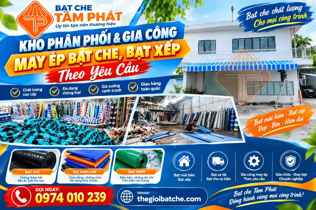 Kho Bạt Che Tâm Phát Uy Tín – Tổng Kho Phân Phối & May Ép Bạt Mái Hiên Mái Xếp, Bạt Che Nắng Mưa, Bạt Xanh Cam, Bạt PVC, Bạt HDPE Lót Ao Hồ