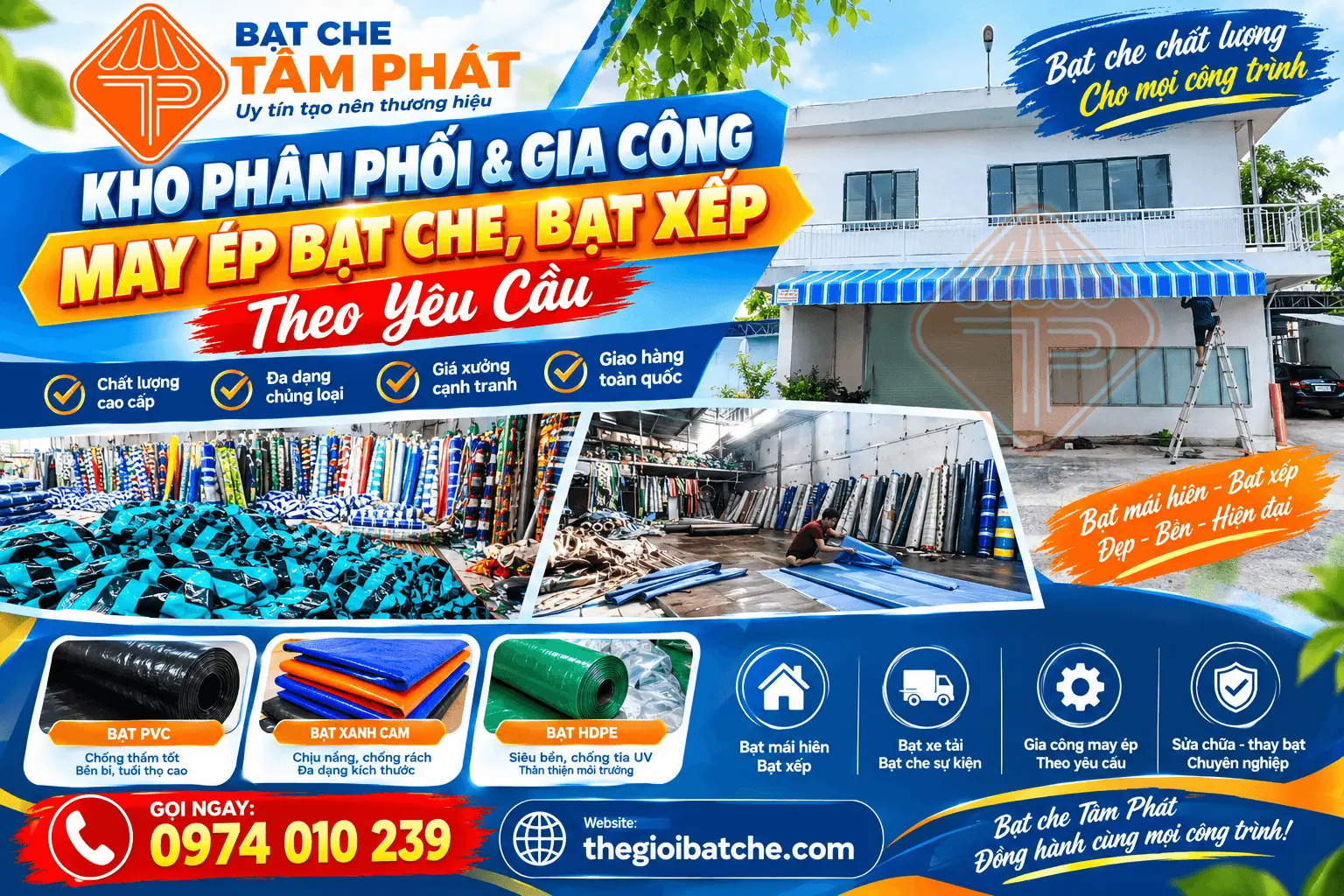 Kho Bạt Che Tâm Phát Uy Tín – Tổng Kho Phân Phối & May Ép Bạt Mái Hiên Mái Xếp, Bạt Che Nắng Mưa, Bạt Xanh Cam, Bạt PVC, Bạt HDPE Lót Ao Hồ
