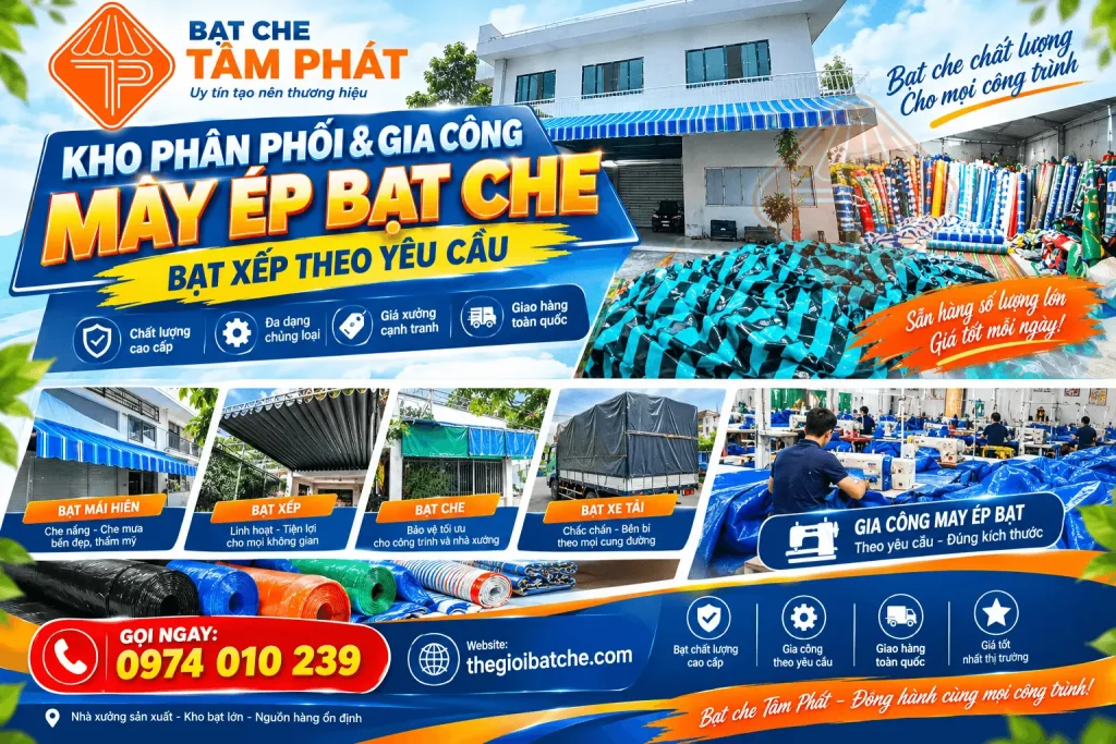 Kho Bạt Che Tâm Phát Uy Tín – Tổng Kho Phân Phối & May Ép Bạt Mái Hiên Mái Xếp, Bạt Che Nắng Mưa, Bạt Xanh Cam, Bạt PVC, Bạt HDPE Lót Ao Hồ